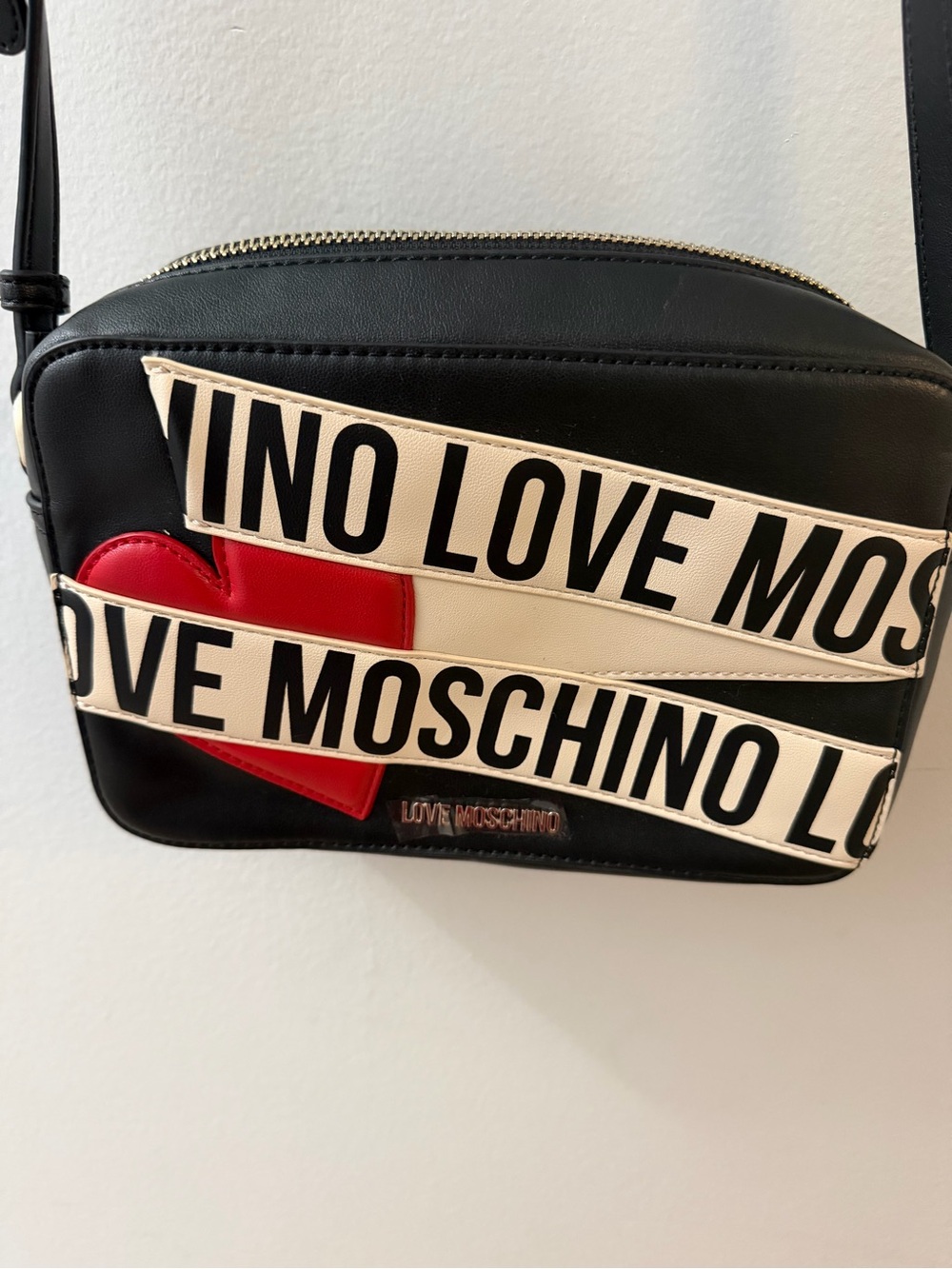 Love Moschino Black Crossbody Bag with Red Heart and White Logo Straps